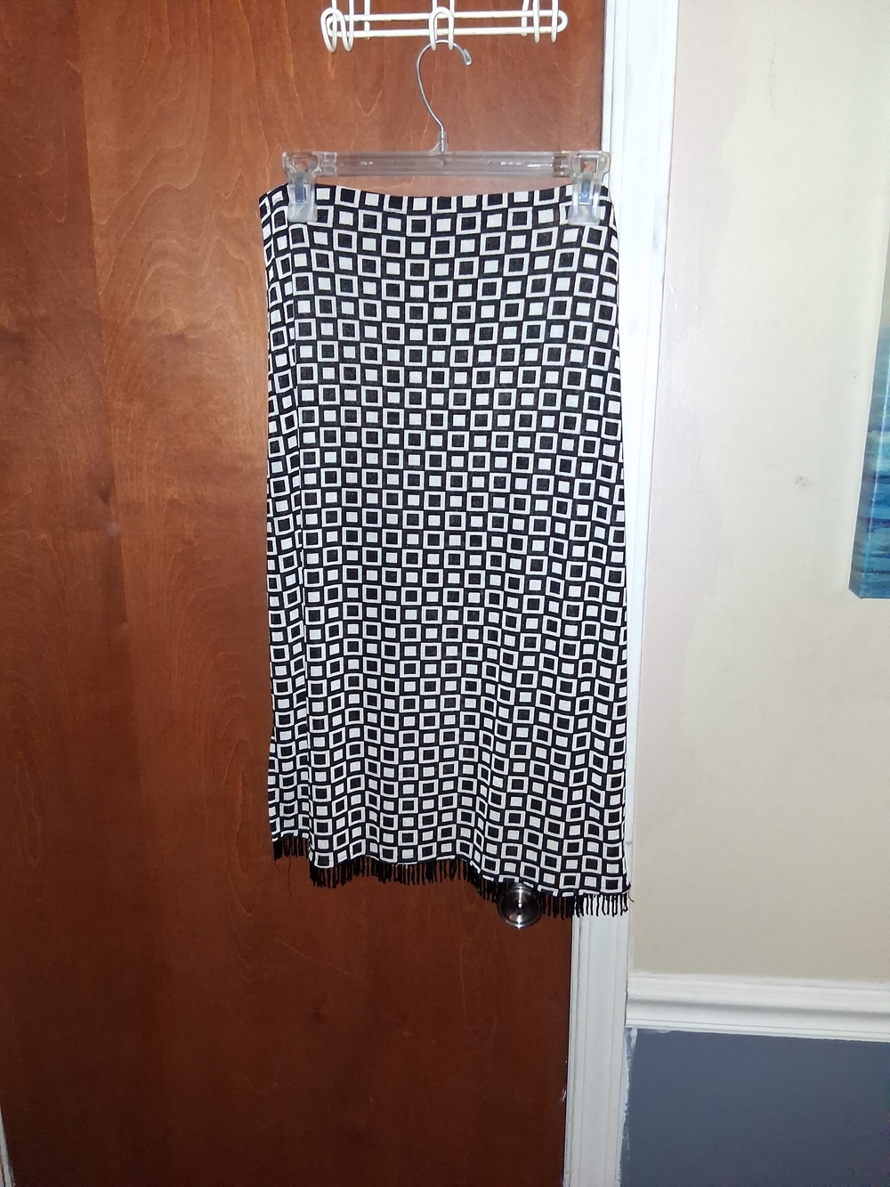 Black and White Geometric Pencil Skirt with Fringe Hem